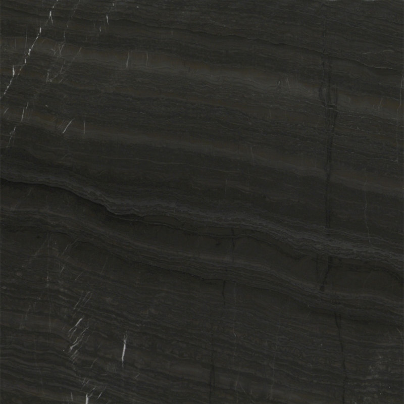 A premium deep black marble slab featuring intricate wood grain patterns and a polished finish, perfect for adding sophistication and mystery to modern and classic interiors