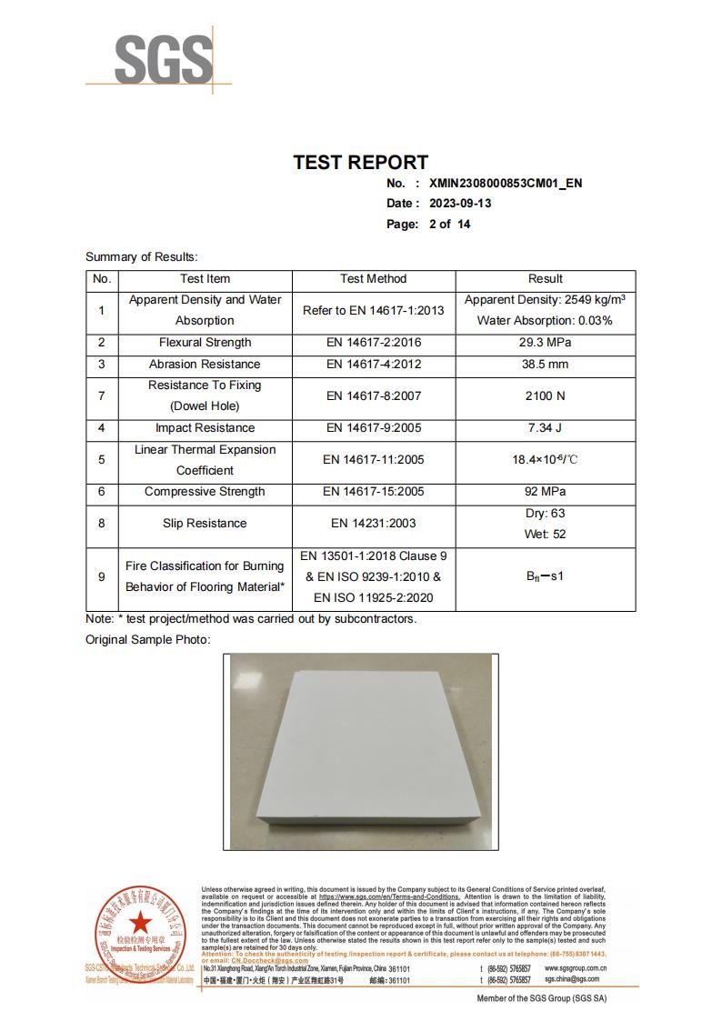 SGS Test Report for Aoli Stone Imitation Marble (Resin-Based Agglomerated Stone)