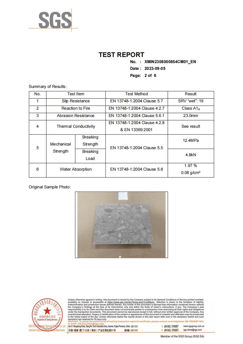 SGS Test Report for Aoli Stone Inorganic Terrazzo (Concrete-Based Engineered Stone)