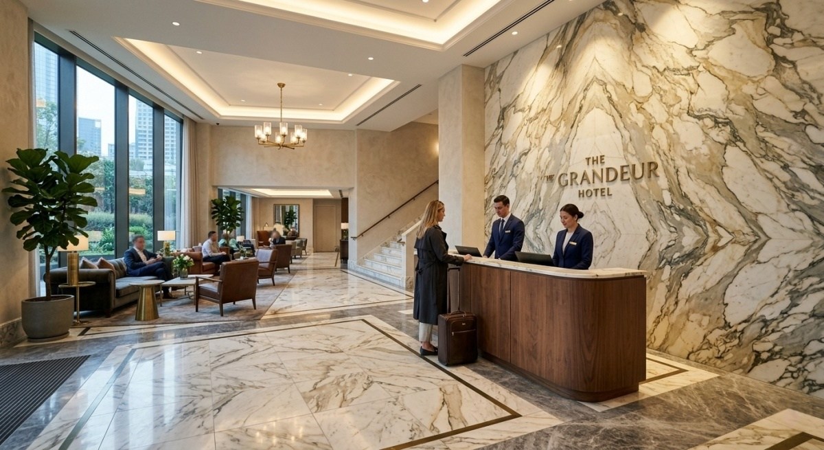 Marble and quartz are both widely used in hospitality interiors, but they are rarely solving the same problem