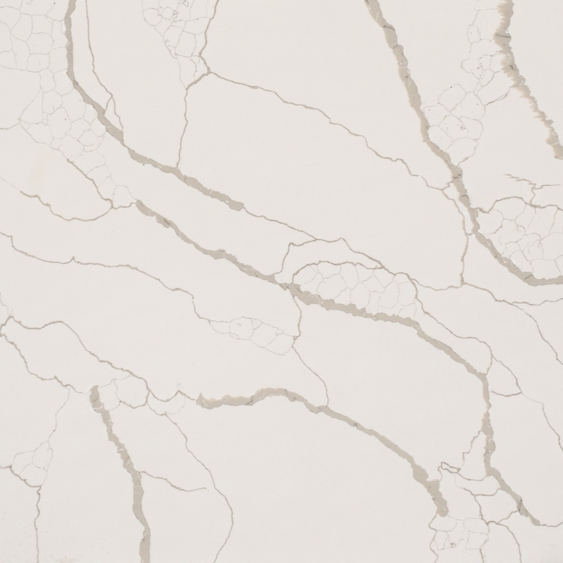 Soft marble-look quartz with warm grey veining for countertops and vanity tops