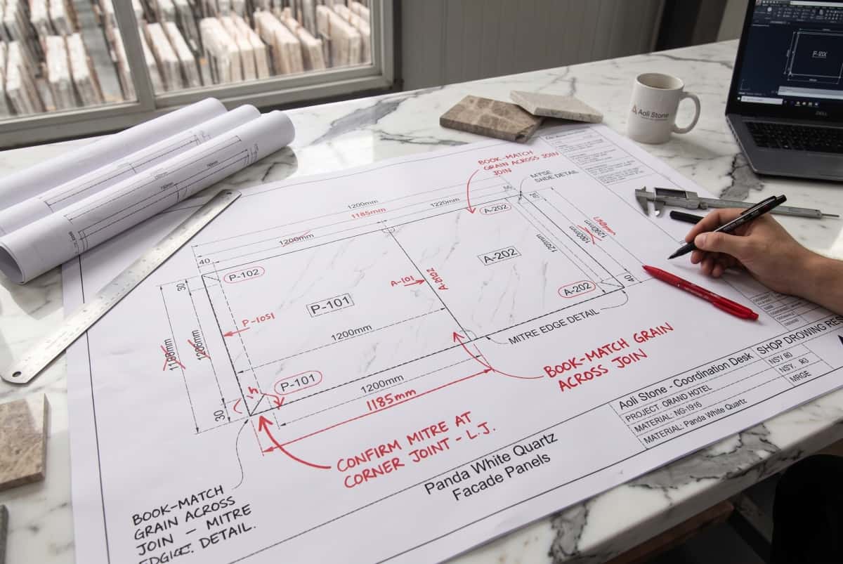 Stone drawing markup showing dimensions edges and installation notes