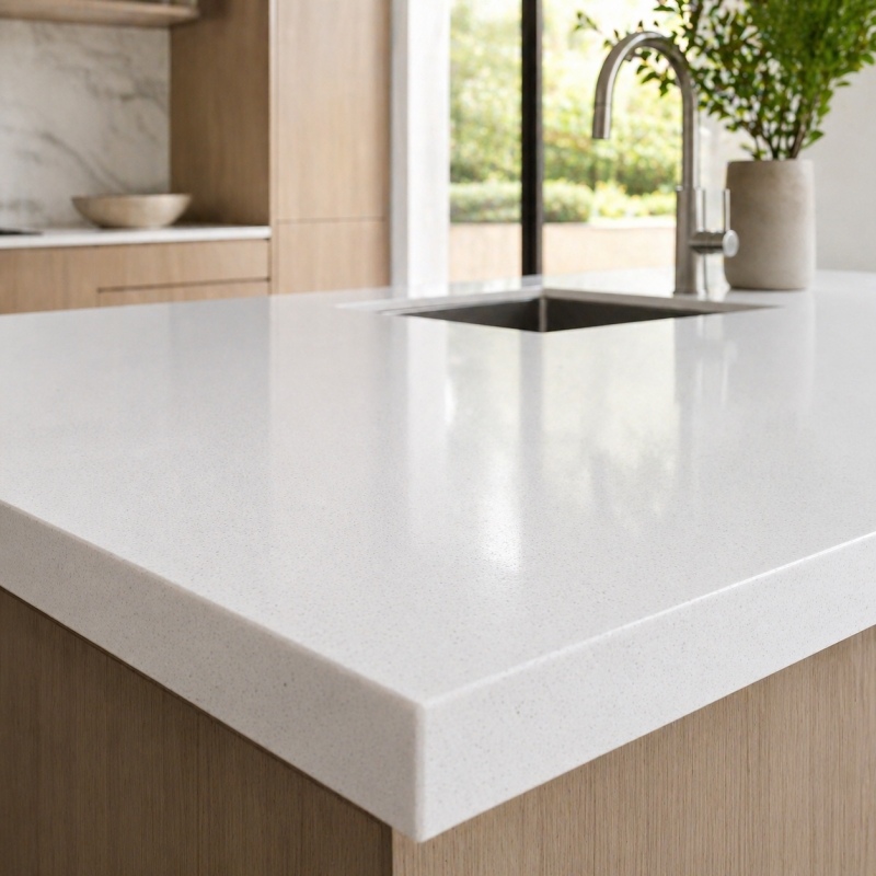 Snow White Artificial Marble with clean white base and fine snow-like texture