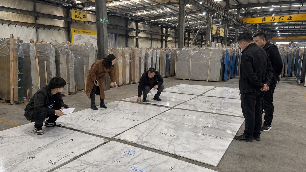 Stone layout planning showing directional flow across multiple panels in aoli stone warehouse