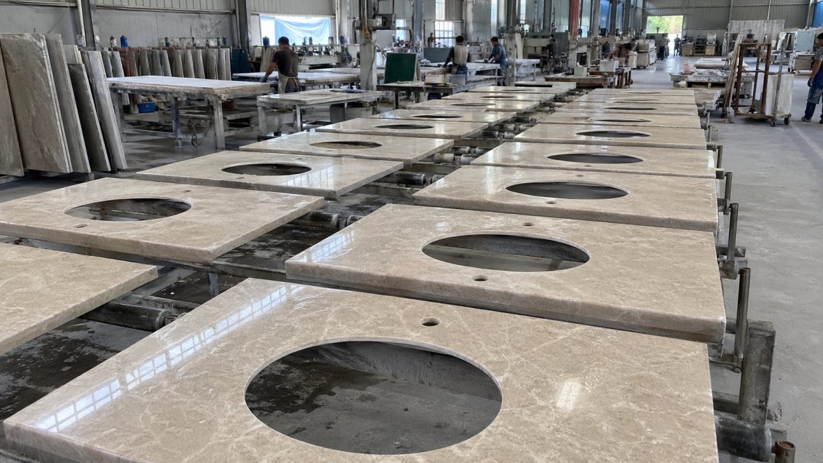 Repeated hotel bathroom stone vanity tops prepared for project installation aoli stone