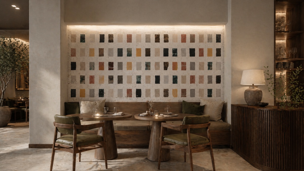 Decorative terrazzo wall panel creates rhythm in a hospitality setting