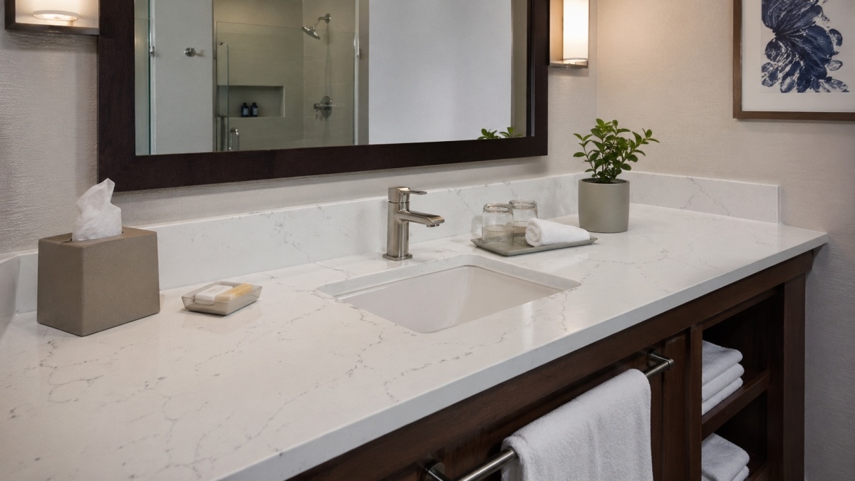 Quartz or engineered stone vanity tops produced repeatedly for hotel bathrooms