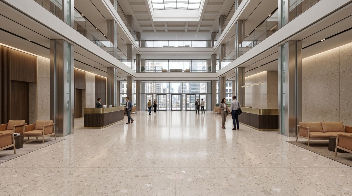 Artificial marble flooring used in a large commercial interior with a controlled stone pattern