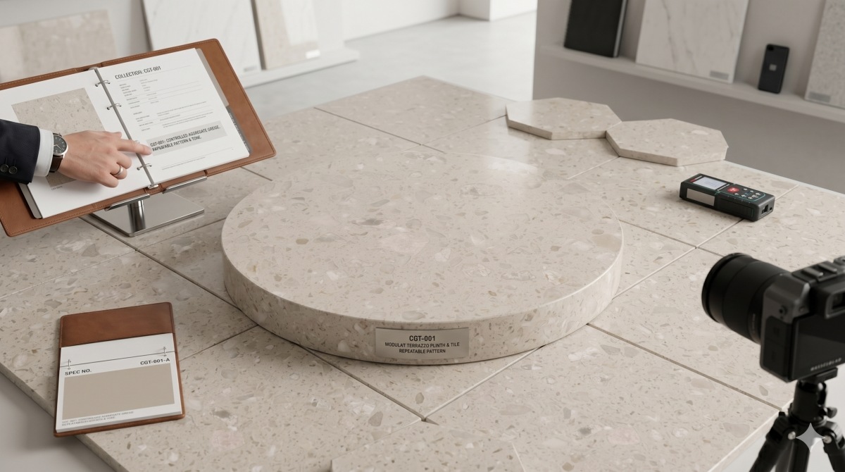 Artificial marble surface showing controlled tone and repeatable pattern for commercial flooring