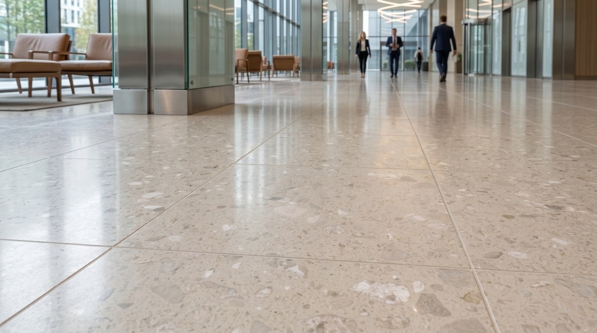 Large-area artificial marble flooring with consistent visual rhythm in a public interior