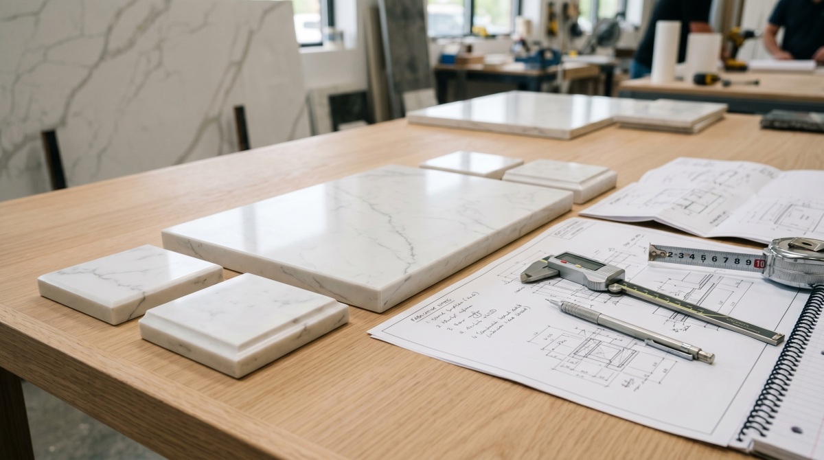 Natural marble samples reviewed for tone variation and veining before project order