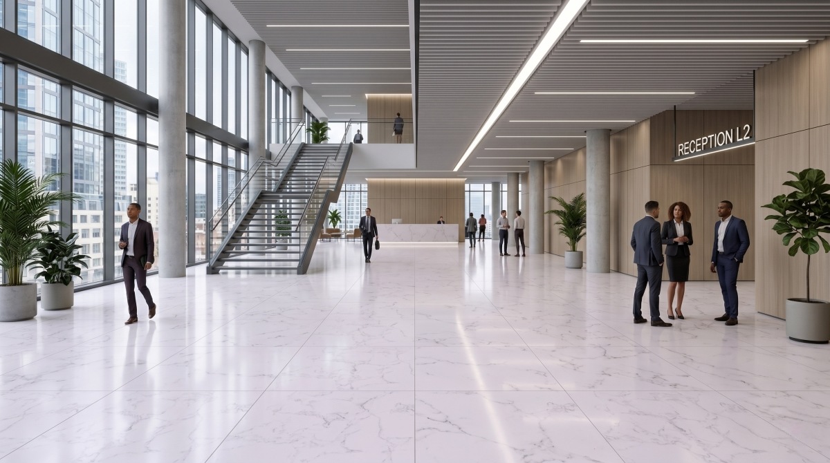 Artificial marble flooring used in a large commercial public interior
