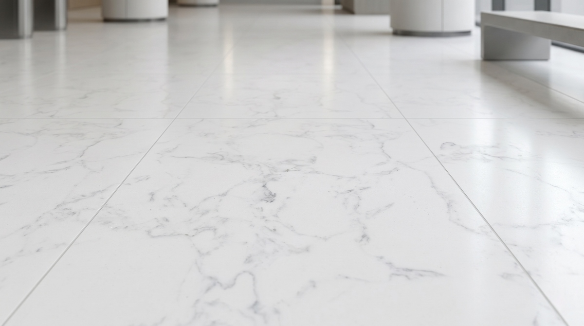 Close-up detail of artificial marble flooring finish and surface pattern