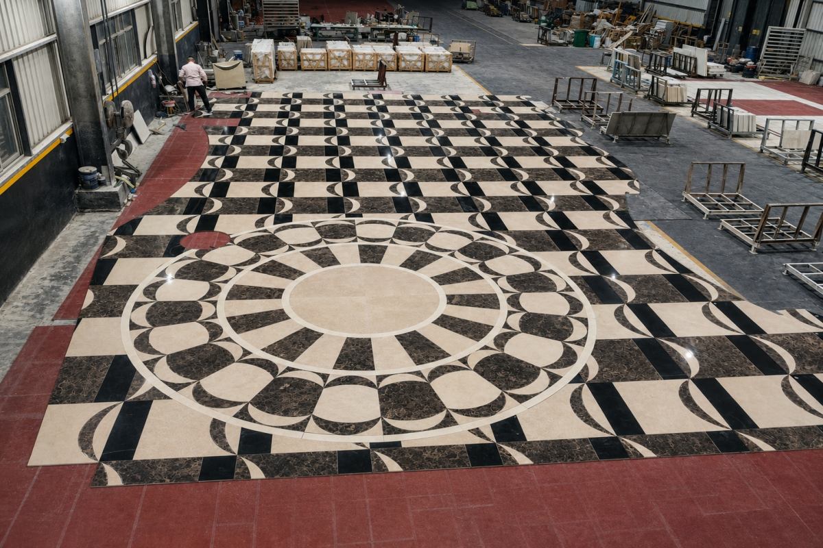 Image 2 Alt: Large marble medallion flooring layout with dark and beige stone patterns