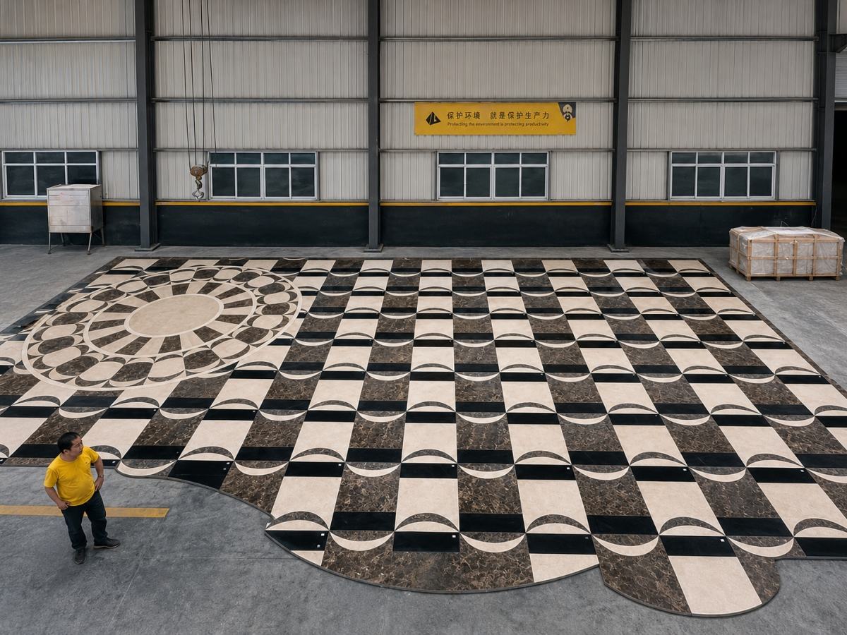 wide view showing the pre-assembled floor inside Aoli Stone workshop