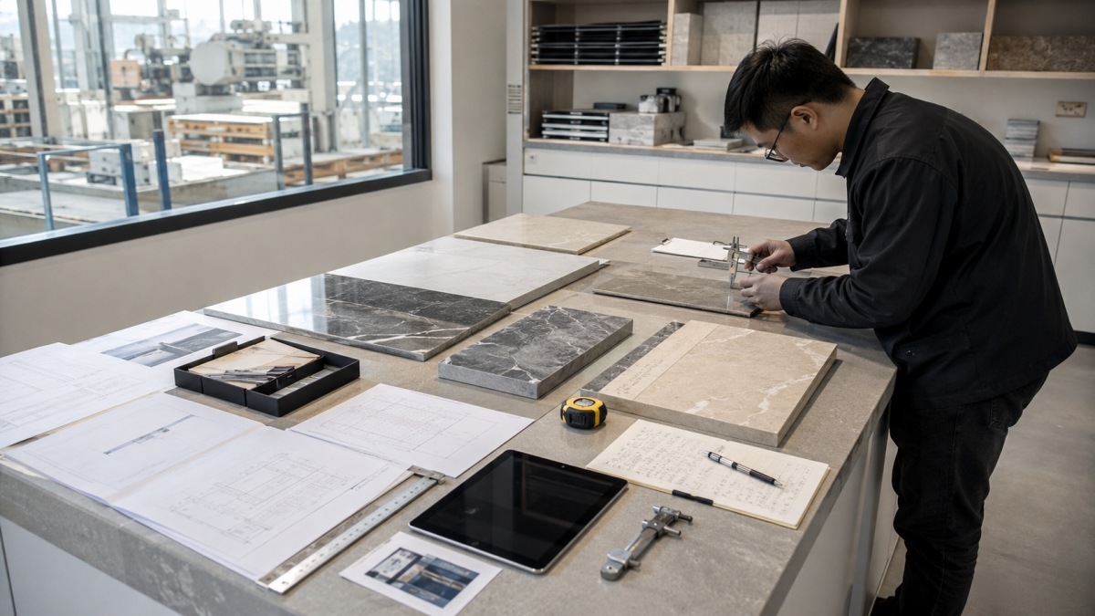 stone-quality-control-inspection-table Stone quality control inspection table with samples drawings and measuring tools