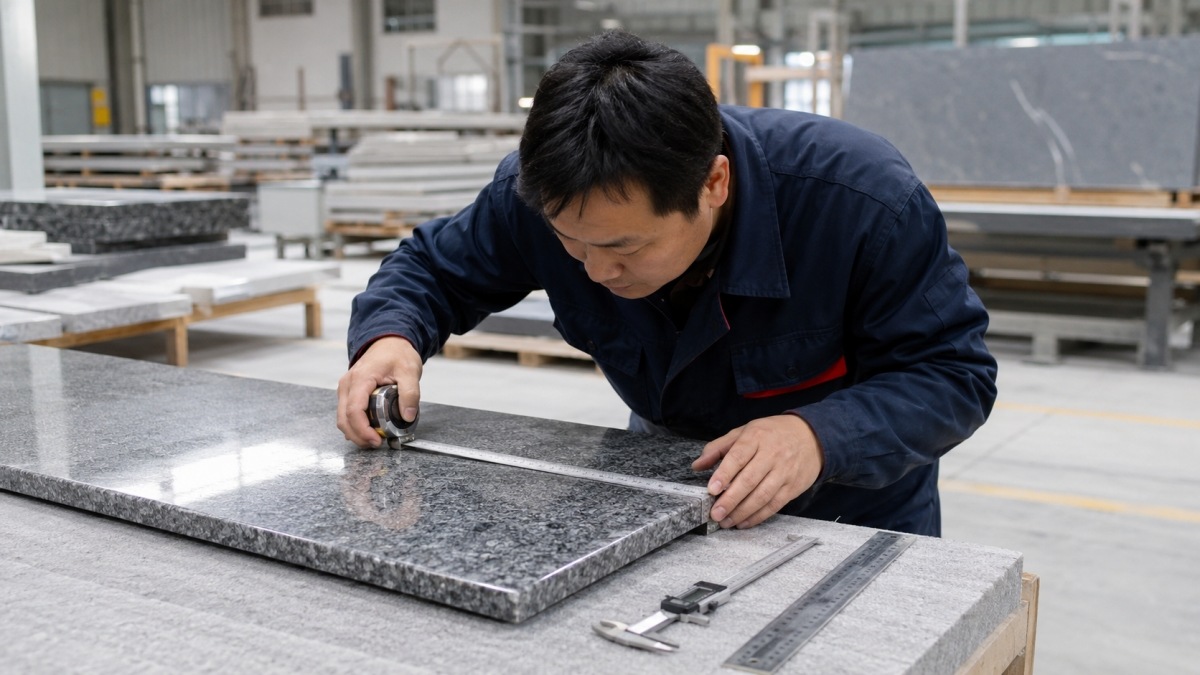 stone-inspector-checking-dimensions-edge-detail Stone inspector checking cut-to-size dimensions and polished edge detail in factory