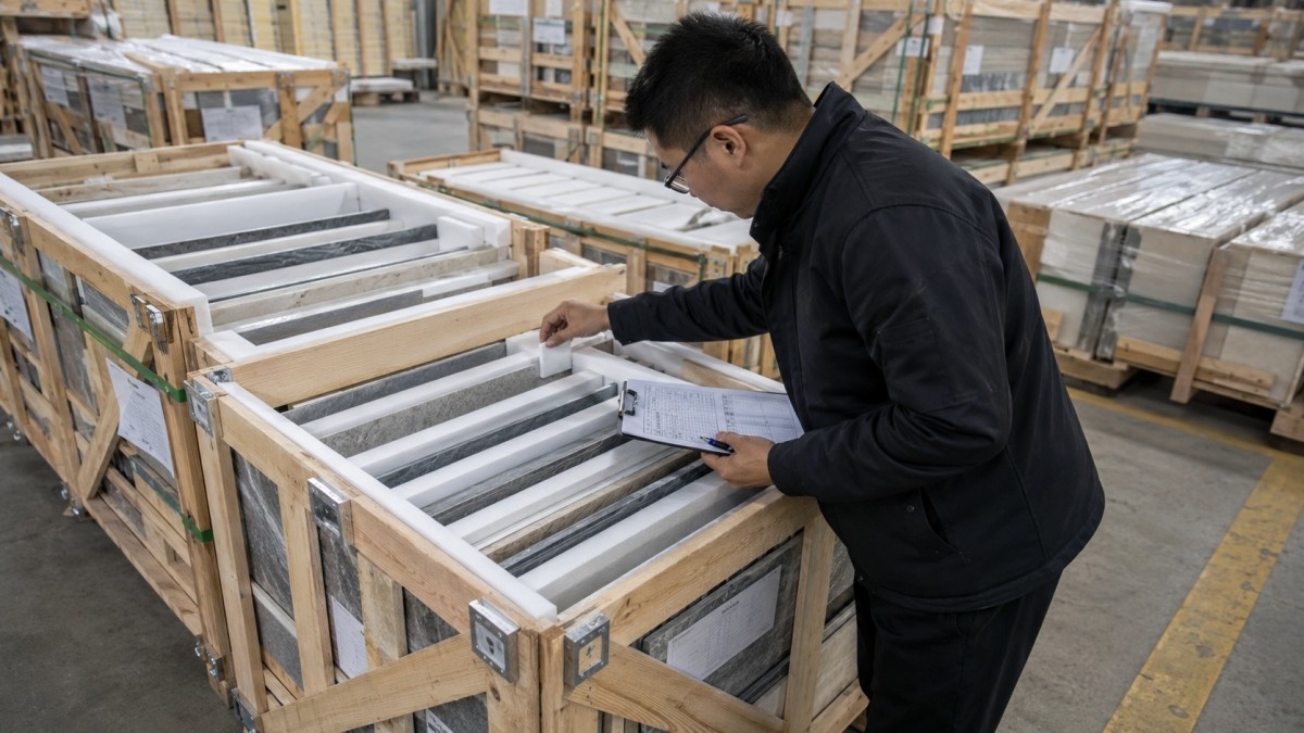 stone-packing-quality-inspection-before-shipment Stone packing quality inspection before shipment with labels and crate list