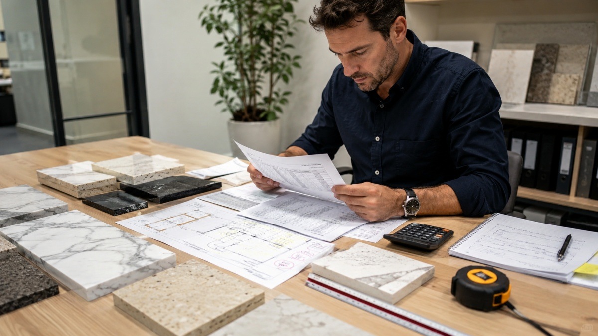 stone-project-cost-comparison-samples-drawings Stone buyer comparing quotation with samples drawings and project notes before ordering