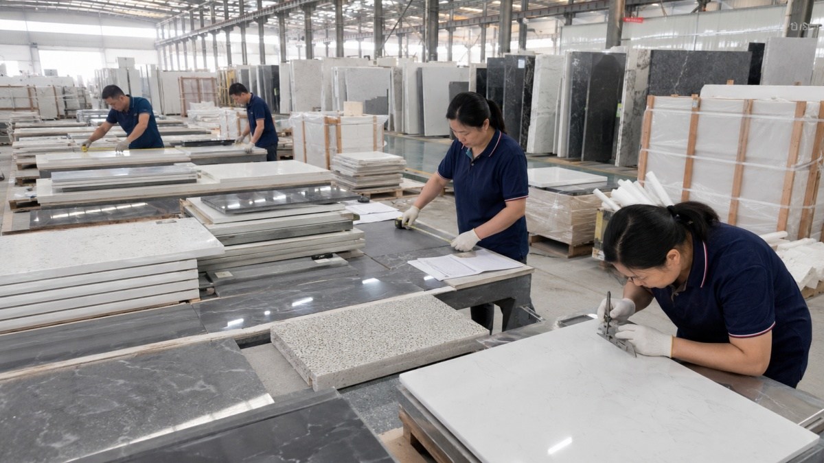 cut-to-size-stone-inspection-before-packing Factory inspection of cut-to-size stone pieces before packing for project supply