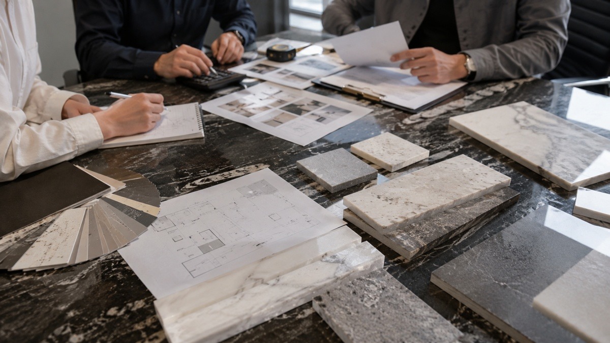 project buyer reviewing stone samples quotation and QC checklist Project buyer reviewing stone samples quotation and quality control checklist