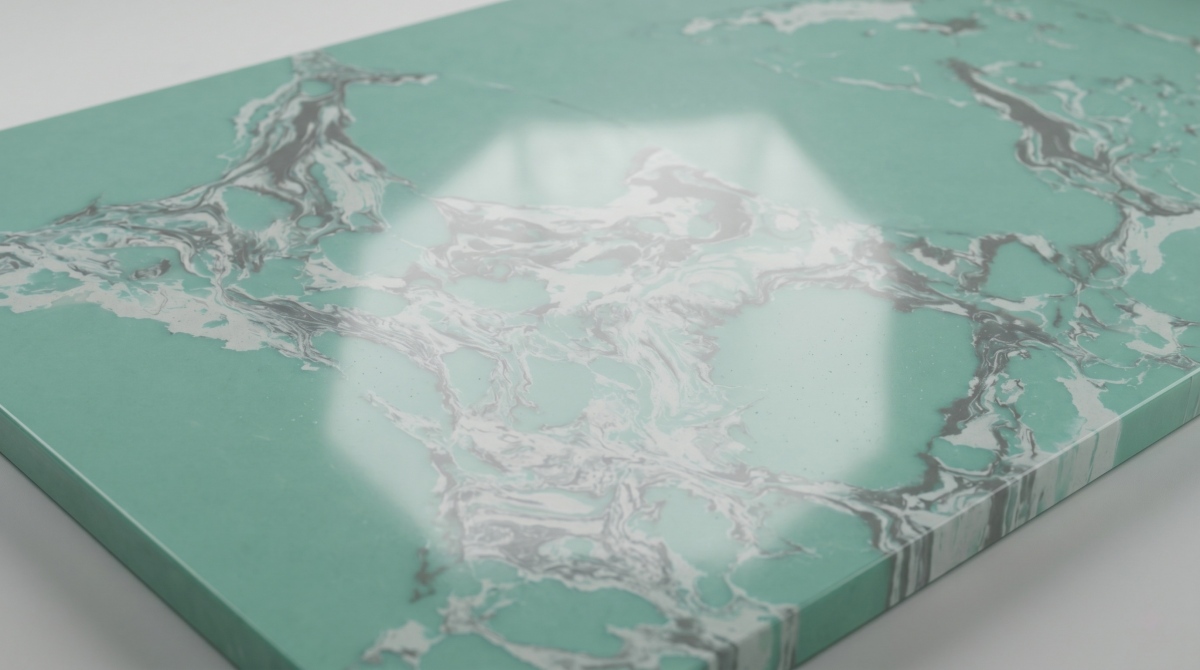 Close-up texture of Amazon Green Veined Artificial Marble showing flowing white and grey pattern on green base