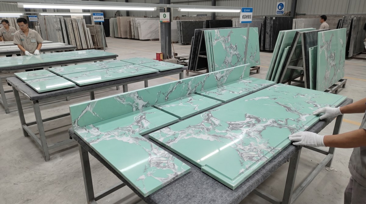 Bathroom vanity top made with polished Amazon Green Veined Artificial Marble