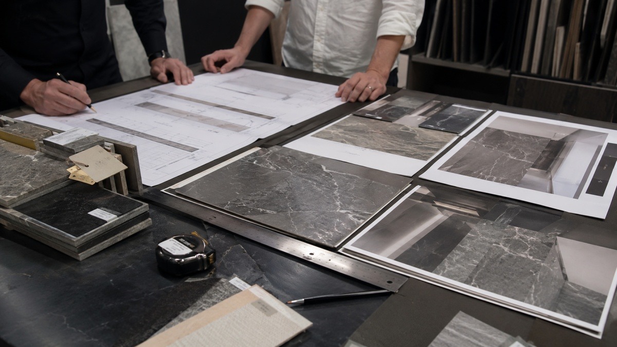 commercial-interior-stone-wall-panel-layout-review Stone wall panel layout review for a commercial interior project