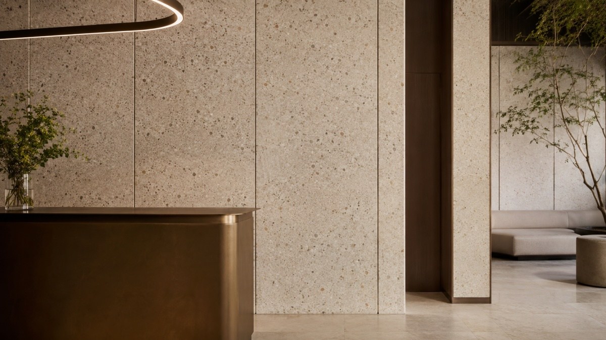 terrazzo-stone-wall-panels-layout-continuity Terrazzo stone wall panels checked for aggregate distribution and layout continuity