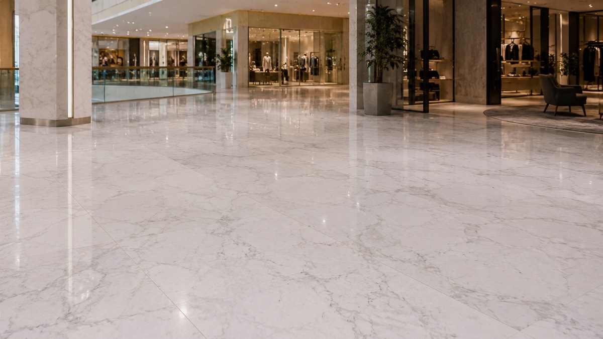Artificial marble flooring with a controlled and repeatable pattern in a retail public interior