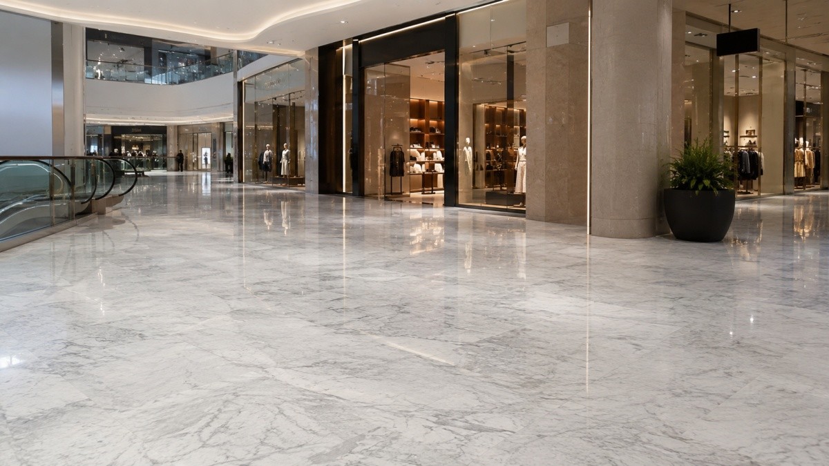 Natural marble flooring with richer stone character in a premium public commercial space