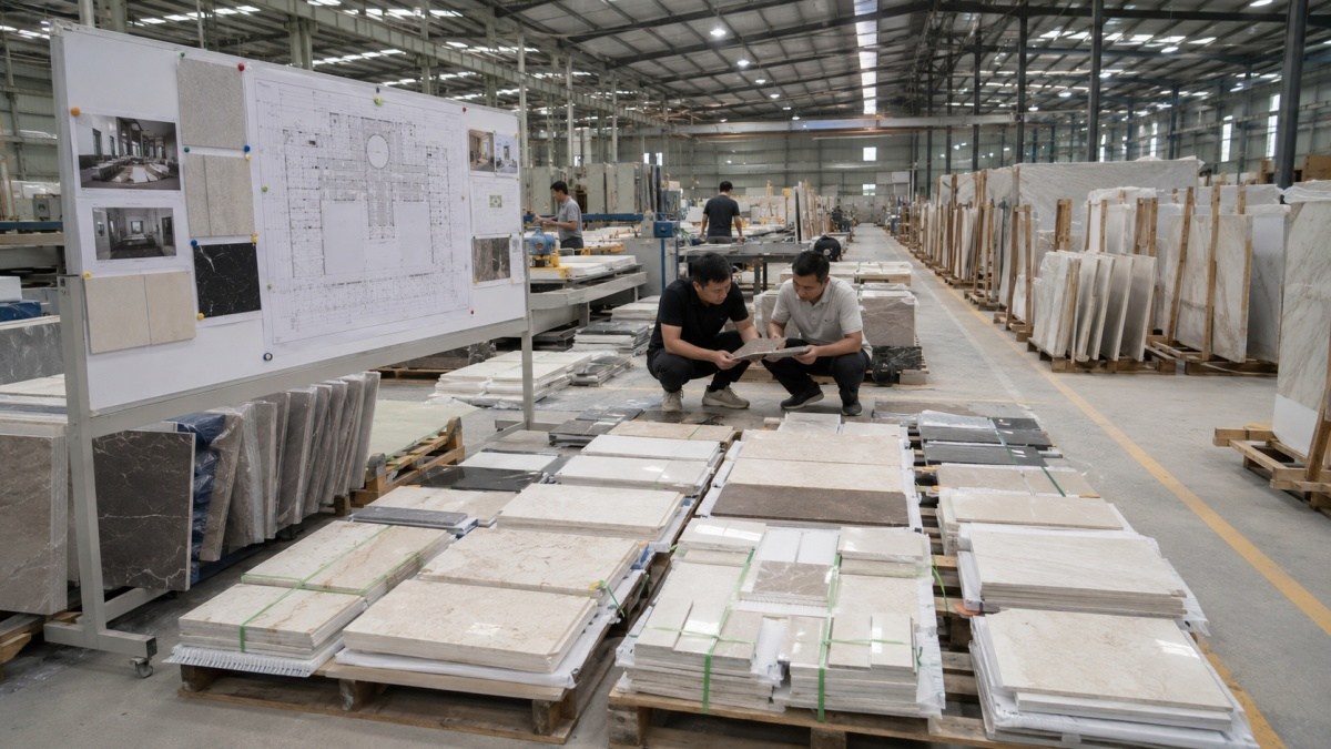 Stone flooring pieces and project preparation for a commercial flooring supply program