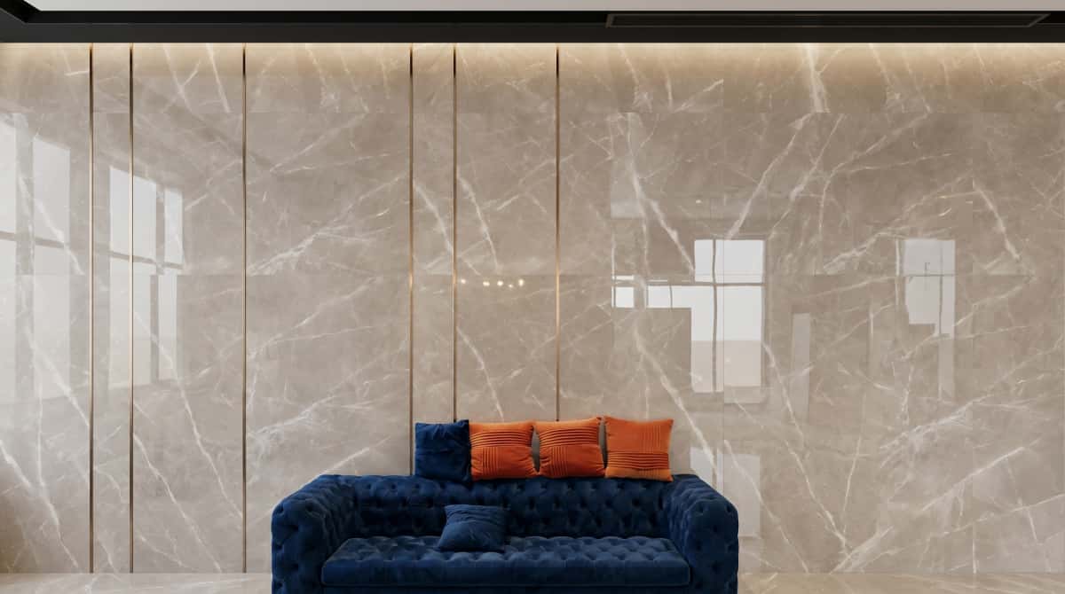 Interior wall cladding project using polished Turkish beige-grey marble panels Interior wall cladding project using polished Turkish beige-grey marble panels