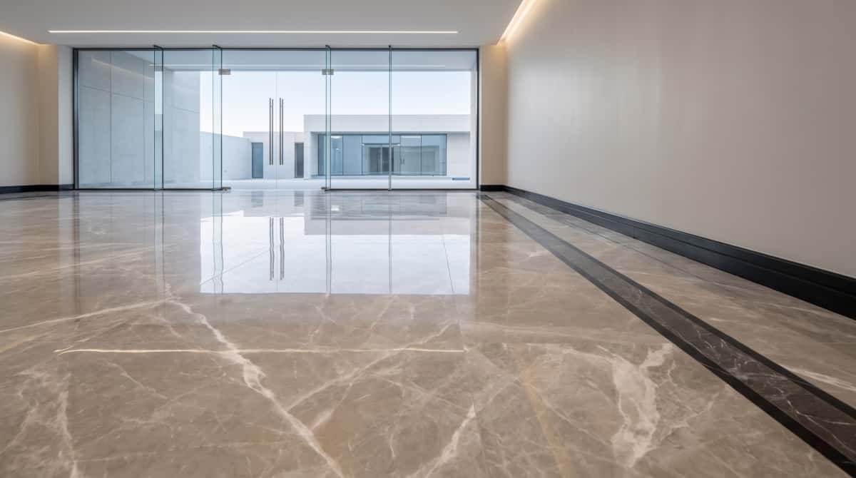 Turkish beige-grey marble floor with dark stone border detail in an interior project Turkish beige-grey marble floor with dark stone border detail in an interior project