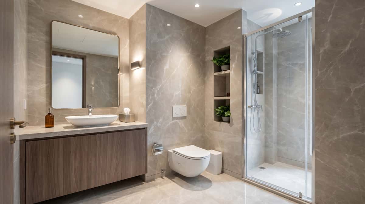 Bathroom interior finished with Turkish beige-grey marble wall and floor cladding Bathroom interior finished with Turkish beige-grey marble wall and floor cladding