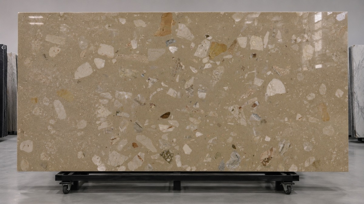 aurora-brown-synthetic-marble-full-slab Full slab display of Aurora Brown Decorative Synthetic Marble in polished finish