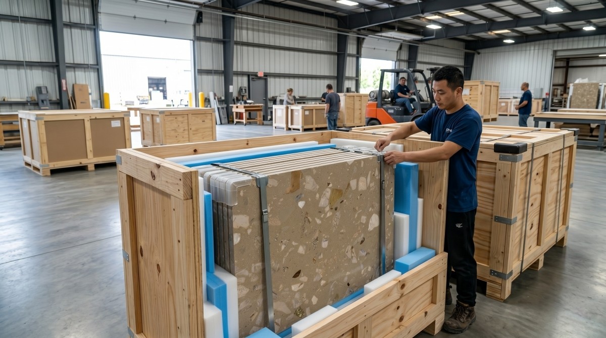 aurora-brown-synthetic-marble-export-packing Export packing of Aurora Brown Decorative Synthetic Marble slabs in wooden crates
