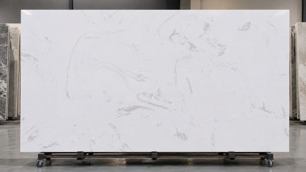 Full slab view of Alpine White Artificial Marble for interior surfaces