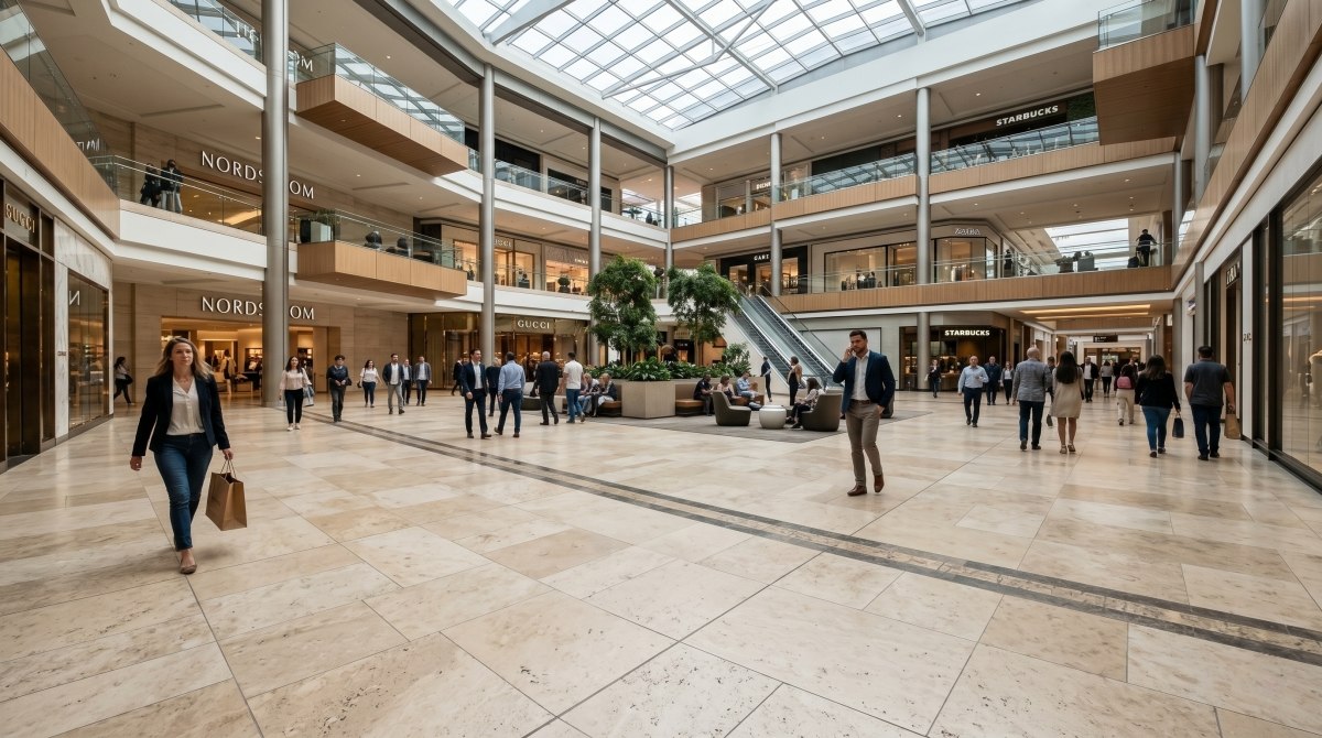 Large public interior with stone flooring planned for a commercial project
