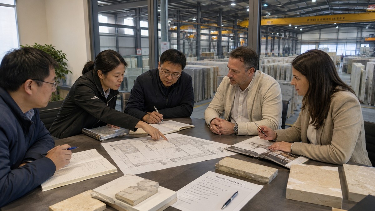 Stone flooring project coordination meeting with material samples and layout drawings