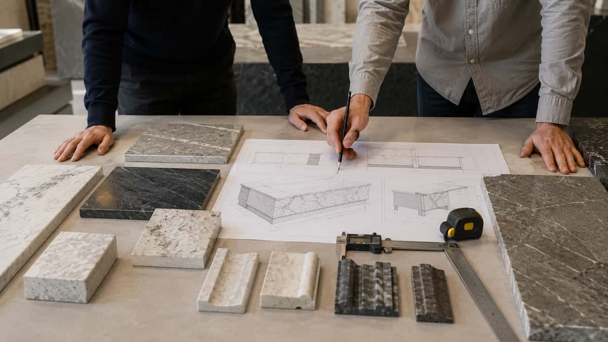 Stone reception counter fabrication review with drawings and samples