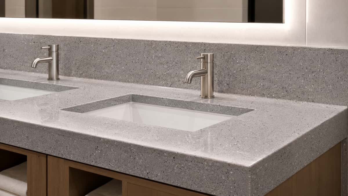 grey-artificial-stone-vanity-top Grey artificial stone vanity top with fine mineral particles