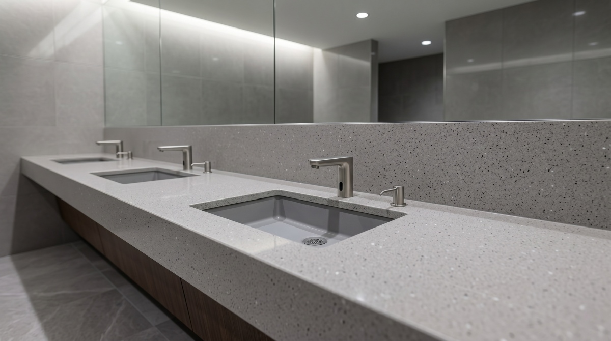 neutral-grey-artificial-stone-hotel-washroom Neutral grey artificial stone for hotel washroom wall panels
