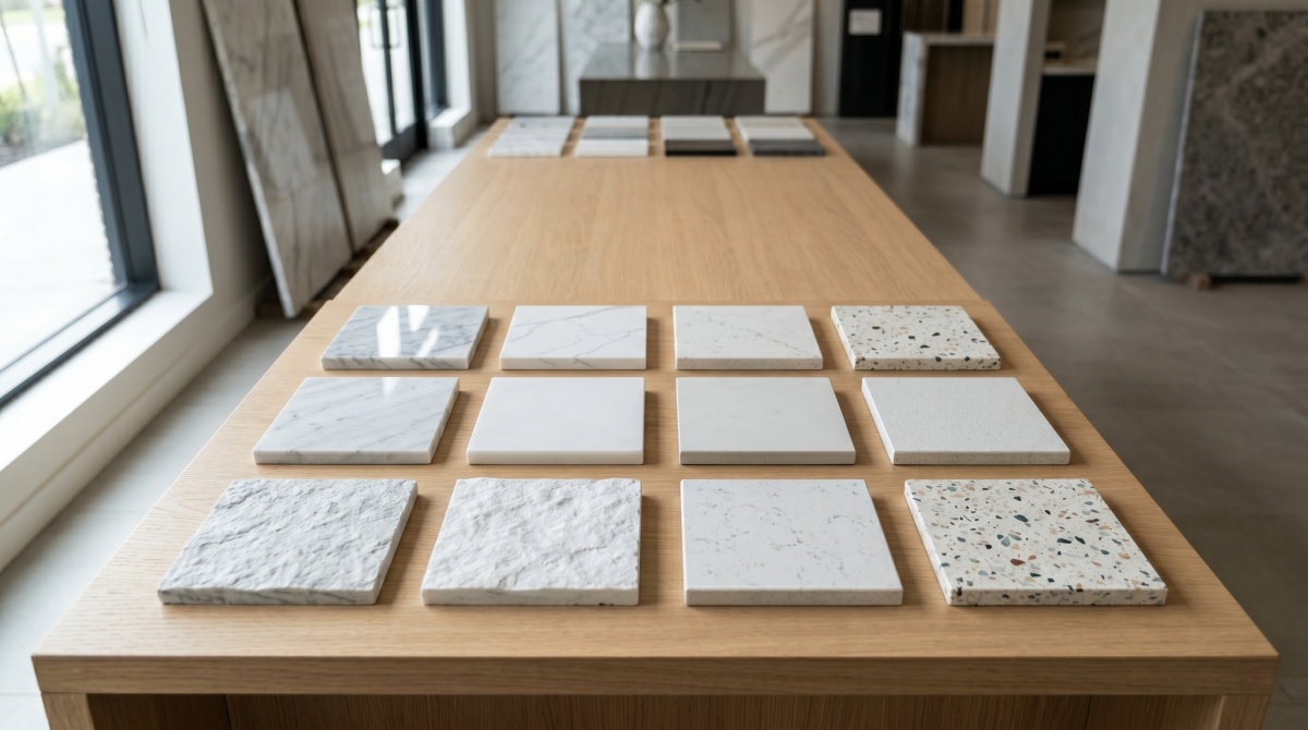 stone-finish-comparison-polished-honed-textured Stone finish comparison with polished honed and textured samples for project review