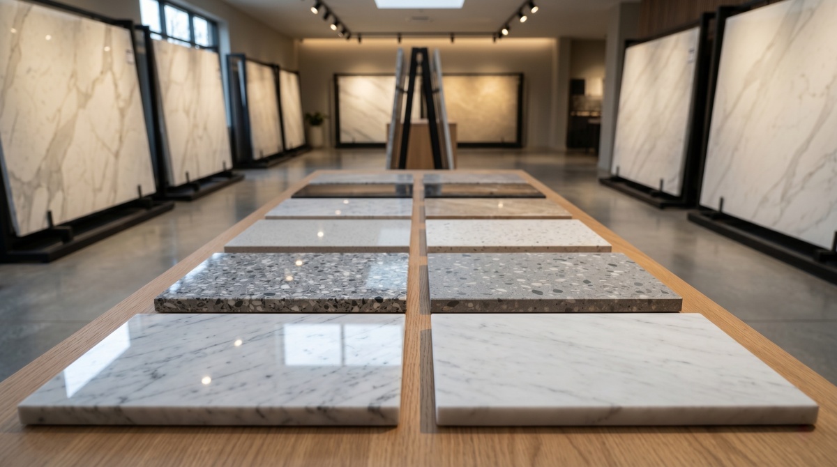 terrazzo-marble-finish-samples-showroom-lighting Terrazzo and marble finish samples reviewed under showroom lighting
