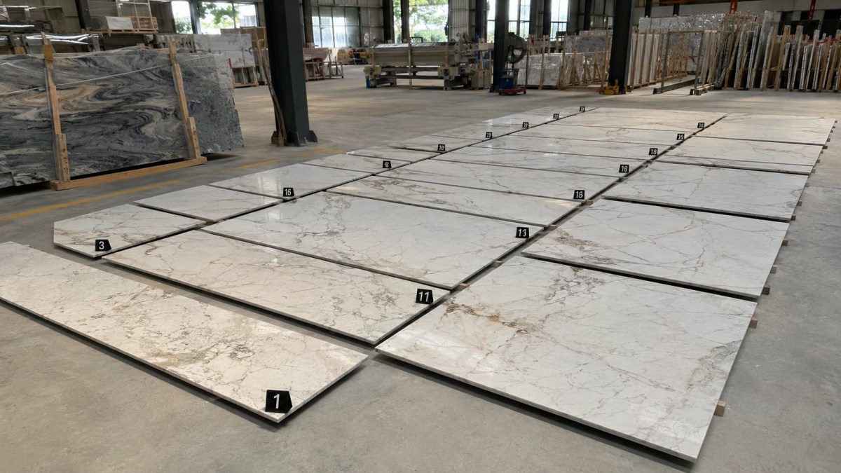 Numbered natural marble panels arranged for dry layout inspection before packing