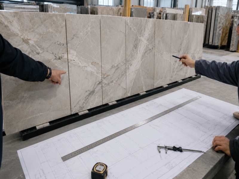 Como os compradores de projetos devem lidar com a variação do mármore natural antes da produção.