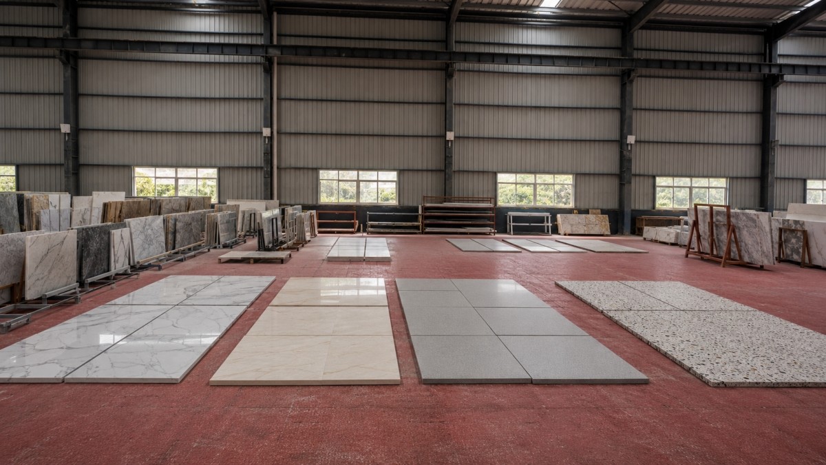 cut-to-size-stone-material-preparation Different stone materials prepared for cut-to-size commercial interior applications