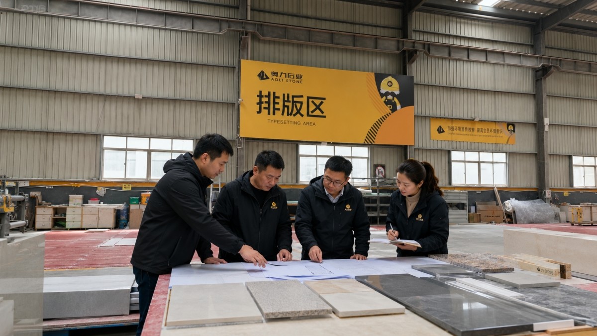 cut-to-size-stone-drawing-review Project team reviewing cut-to-size stone drawings and material samples