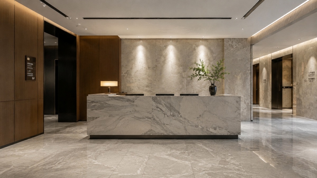 completed-commercial-interior-cut-to-size-stone Completed commercial interior with cut-to-size stone flooring and wall elements
